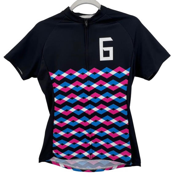 Twin Six Tops - Twin Six Club Raglan Cycling Jersey Womens Medium Black Pink Blue Geometric